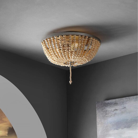 JONATHAN Y Allison 15" Wood Beaded LED Flush Mount Light | Antiqued Silver JYL90 - Picture 2 of 8